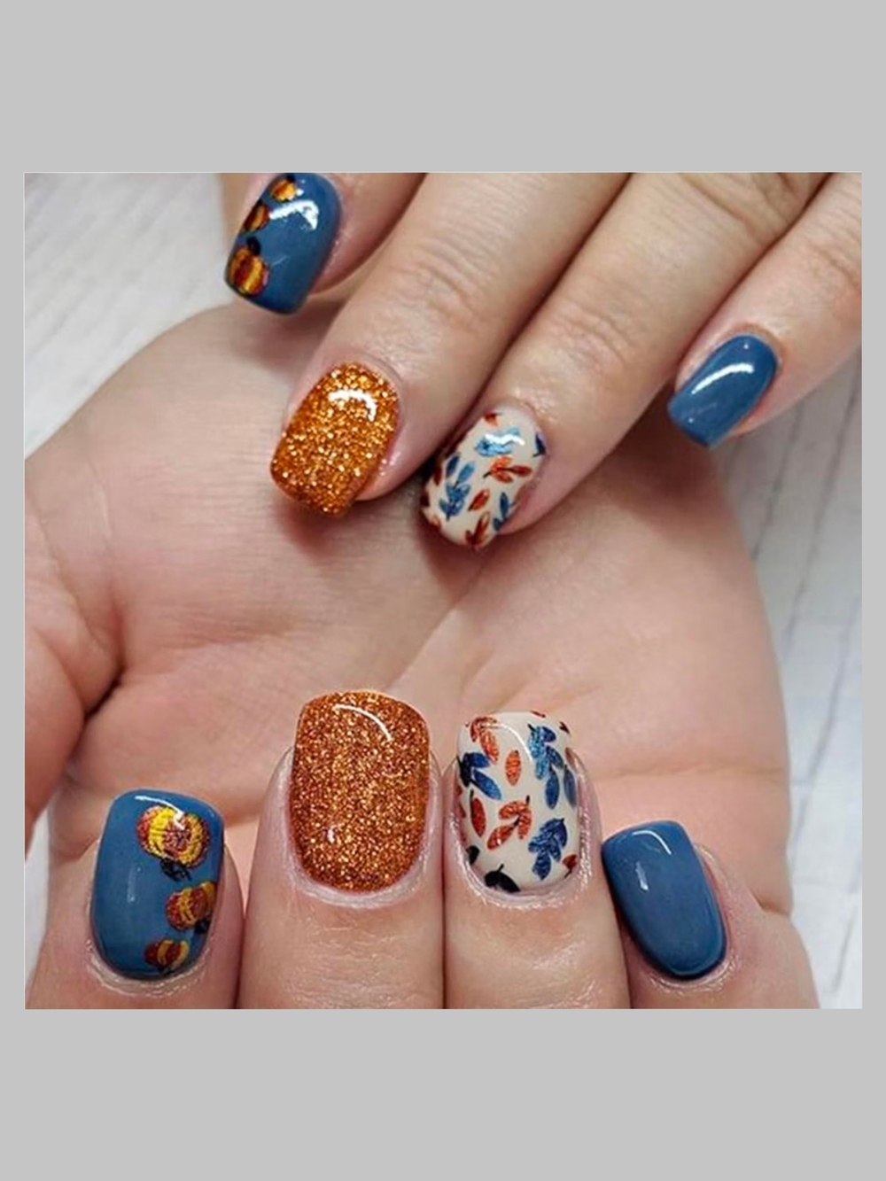 24 Pcs Press On Nails Gold Blue Thanksgiving Fall Autumn Pumpkins Short Square
